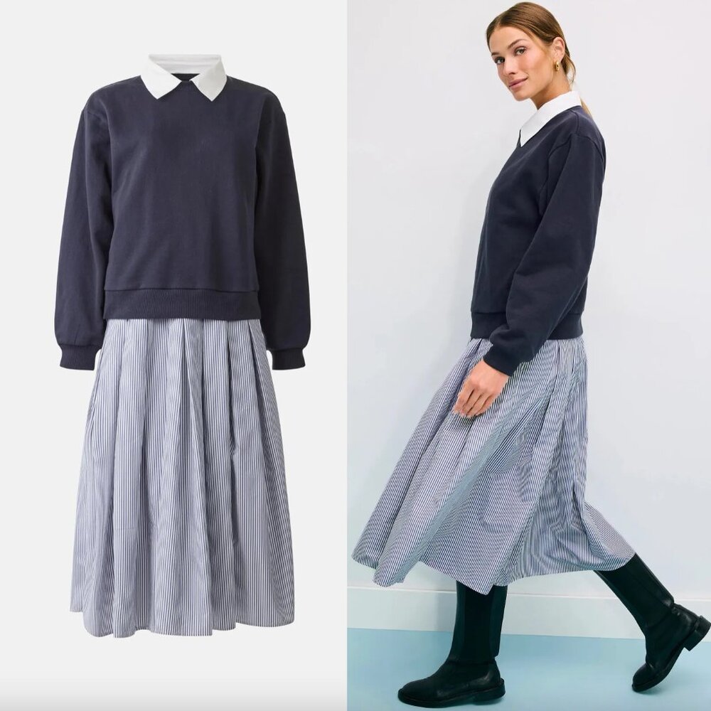 Sea NY x RTR Layered Sweatshirt Midi Dress in Navy White Blue Stripe Long Sleeve